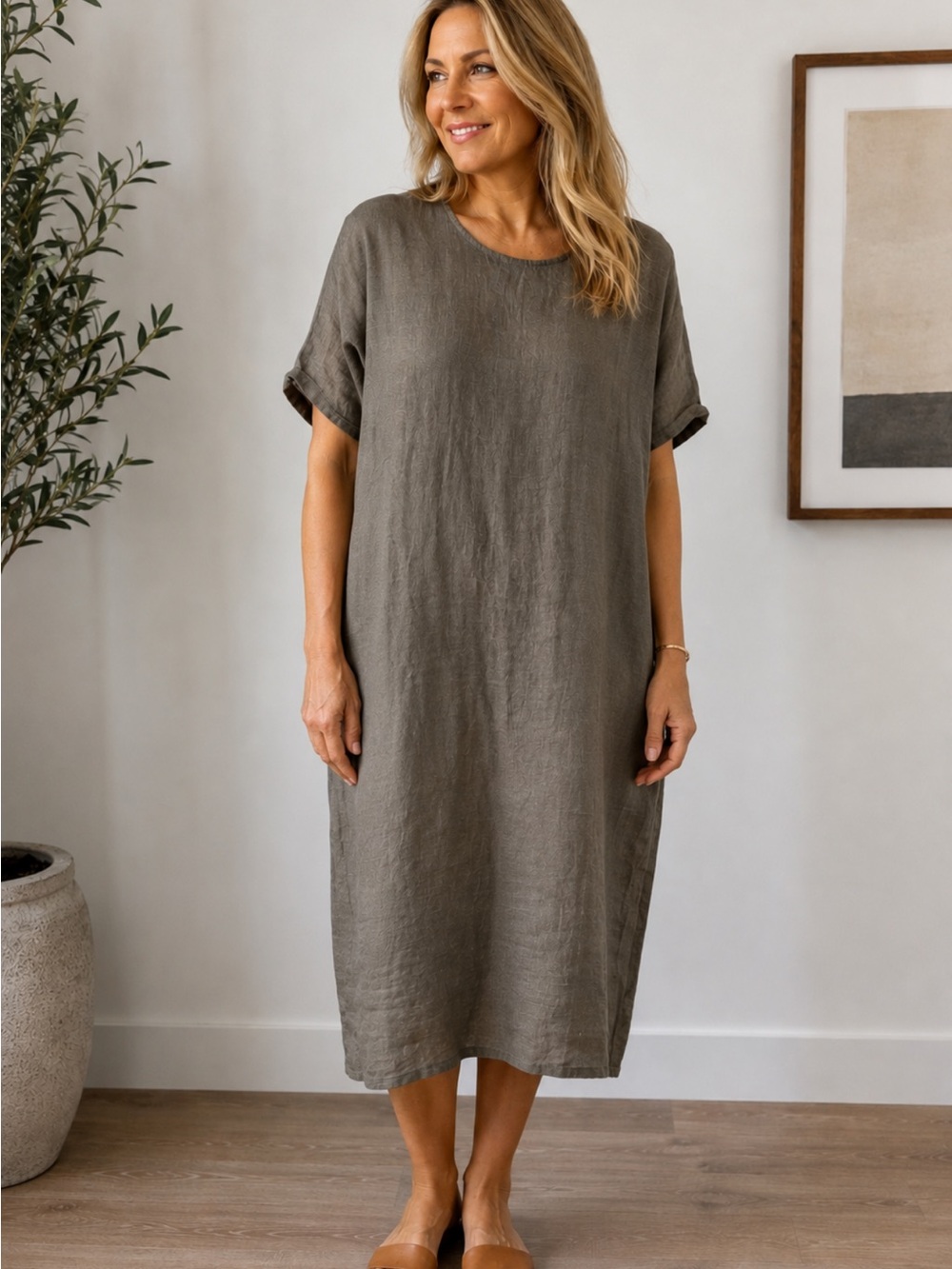 Eileen Fisher Linen Shift Short-Sleeve Dress Sz M